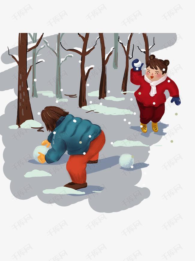 在雪地里打雪仗的小朋友手绘卡通可商用元素