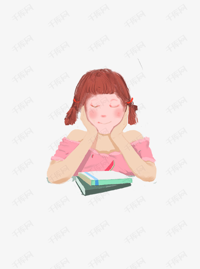 冥想的小女孩手绘插画的素材免抠psd人物双手托腮小清新卡通女孩女生