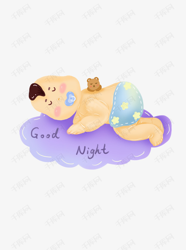 手绘可爱婴儿睡觉咬奶嘴晚安小熊玩具睡姿