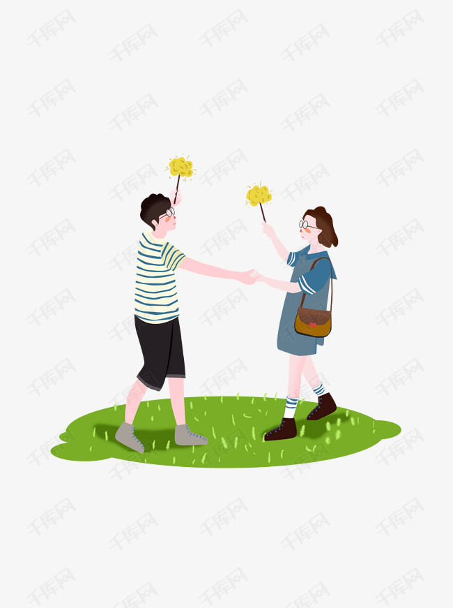 男孩女孩情侣烟花绿色插画风人物元素