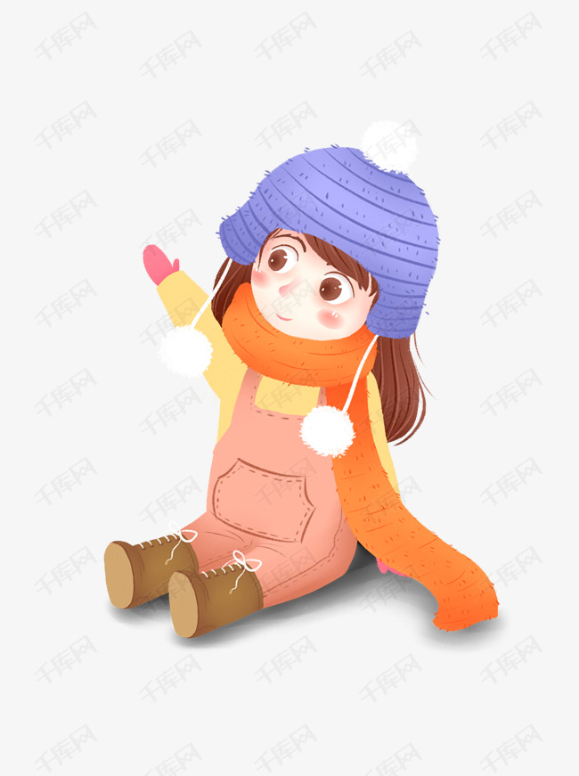 手绘卡通穿着厚实冬装坐在雪地上的可爱女孩可商用元素
