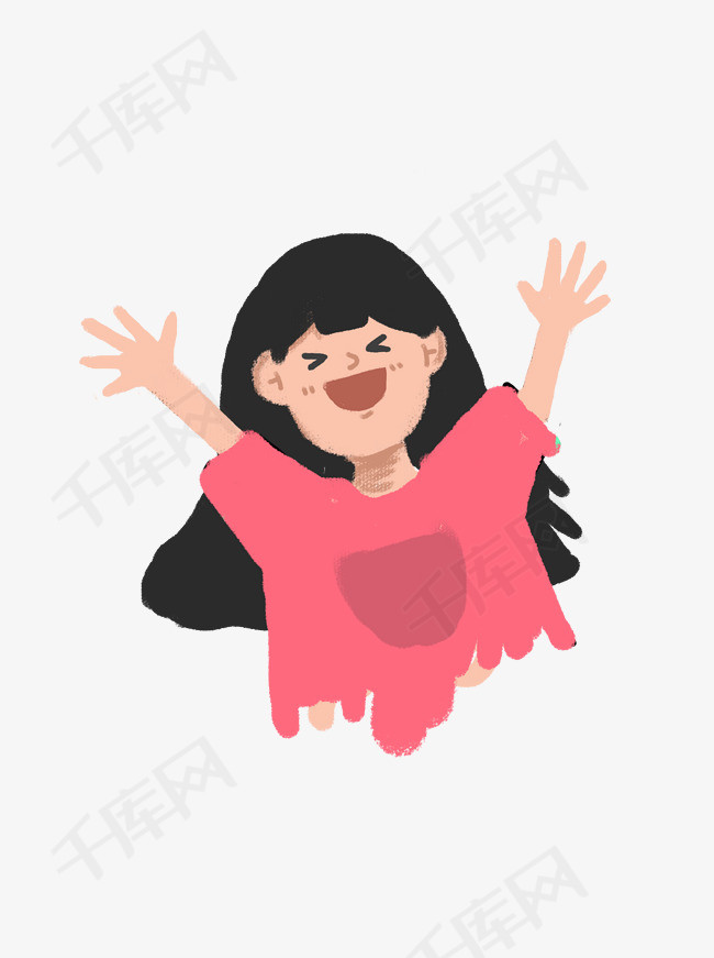 红色衣服长发的举起双手欢呼的卡通女孩