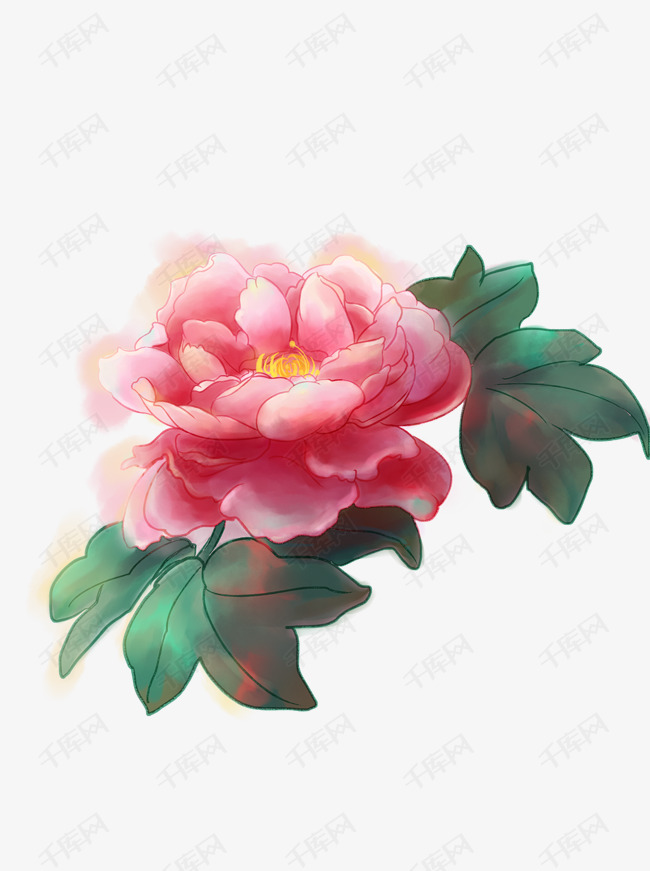 手绘粉色牡丹花叶子植物可商用元素的素材免抠牡丹花叶子富贵植物粉色