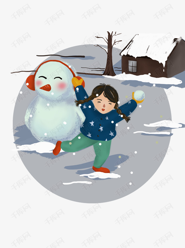 下雪天在雪地里打雪仗的孩子手绘可商用图片