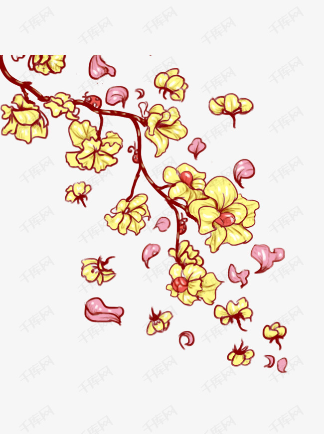 手绘花与花瓣透明底花枝素材元素素材可商用