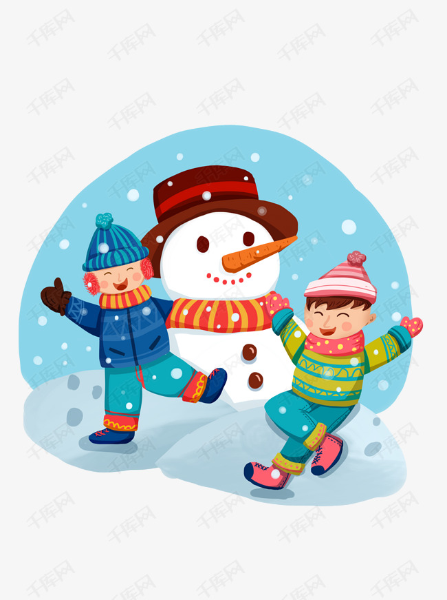 卡通可爱男孩雪人冬季雪天打雪仗玩耍元素