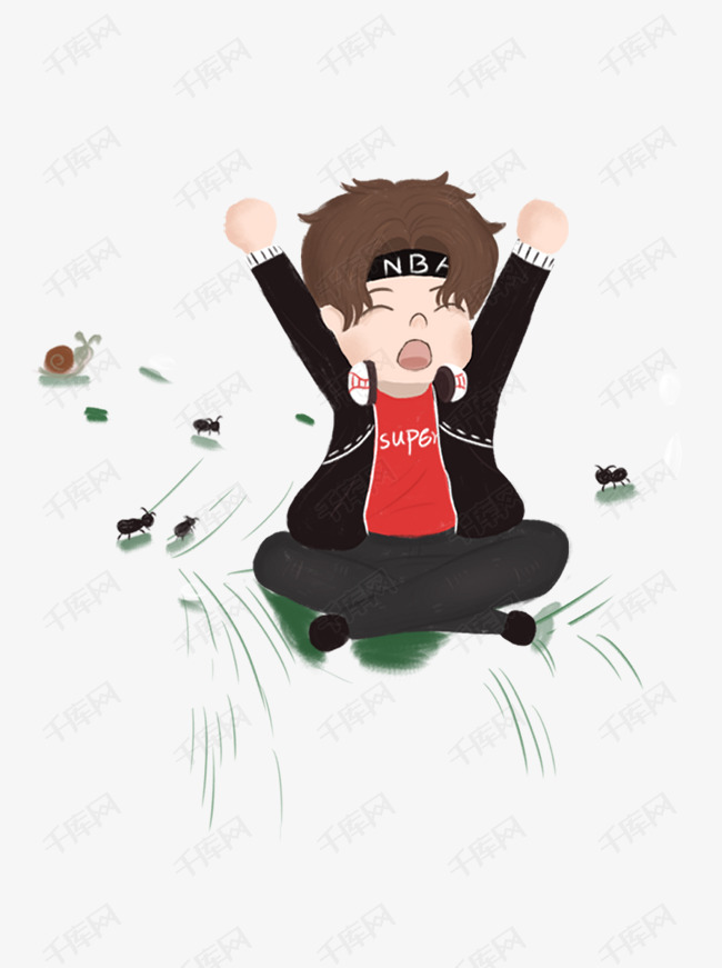 手绘卡通草地上伸懒腰打哈欠的运