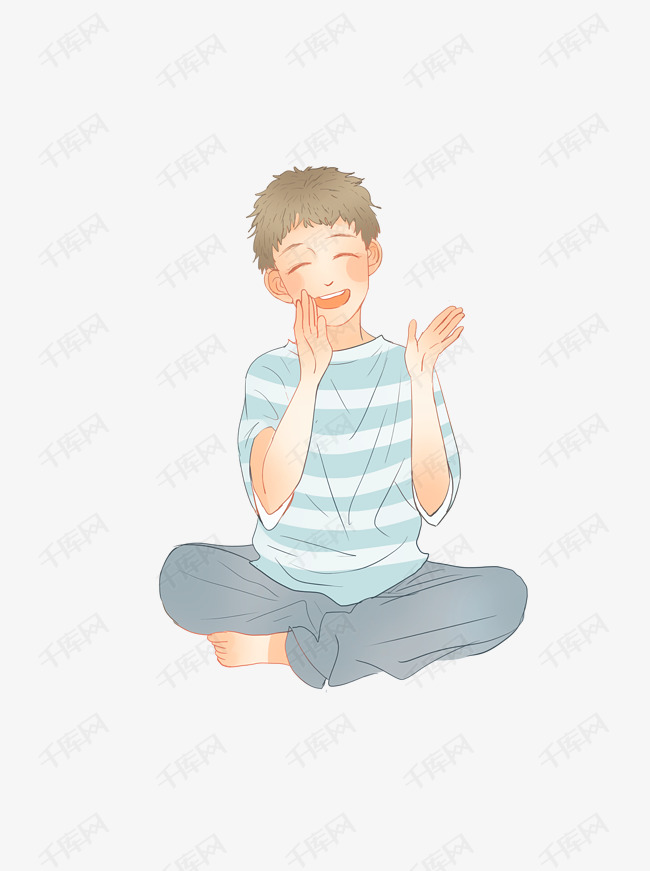 盘膝而坐开心鼓掌的小男孩卡通元素