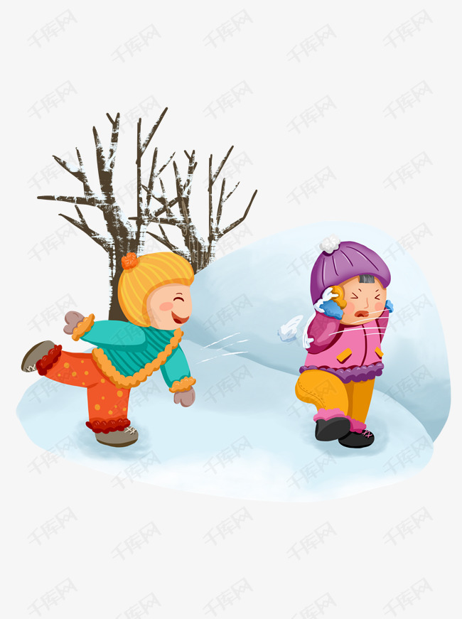 卡通可爱女孩冬季雪天打雪仗玩耍元素
