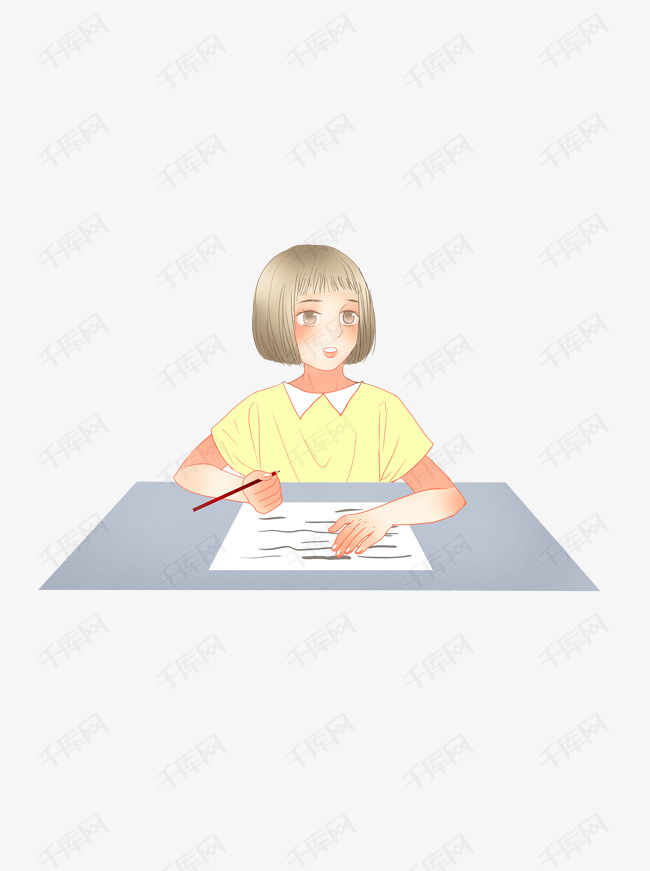 坐在桌子前写作业的卡通小女孩