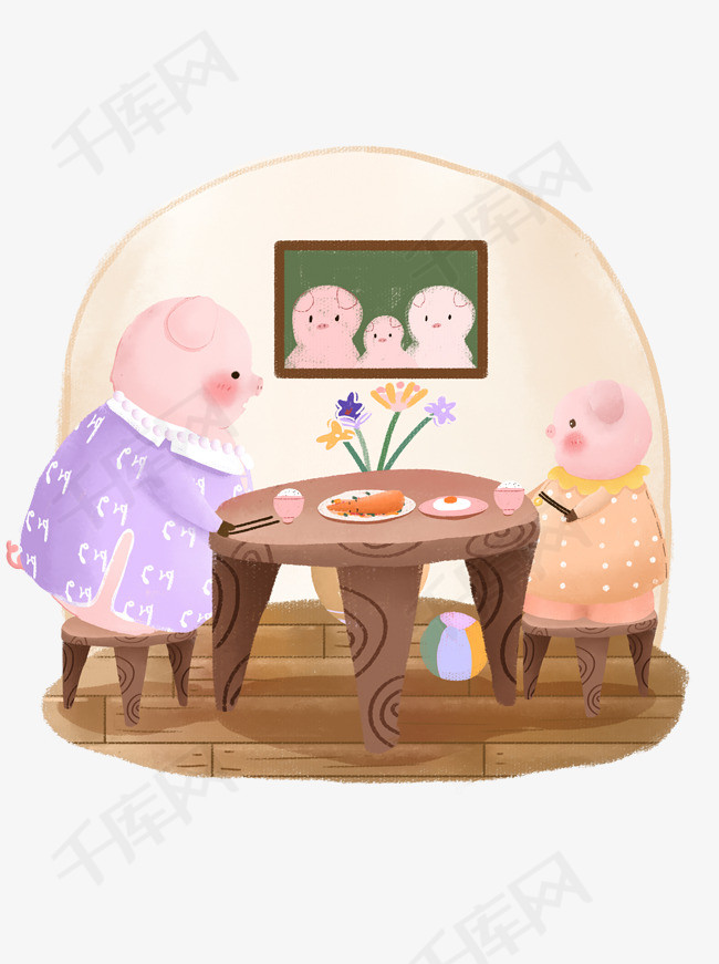 生肖动物猪吃饭卡通可爱儿童手绘插画元素
