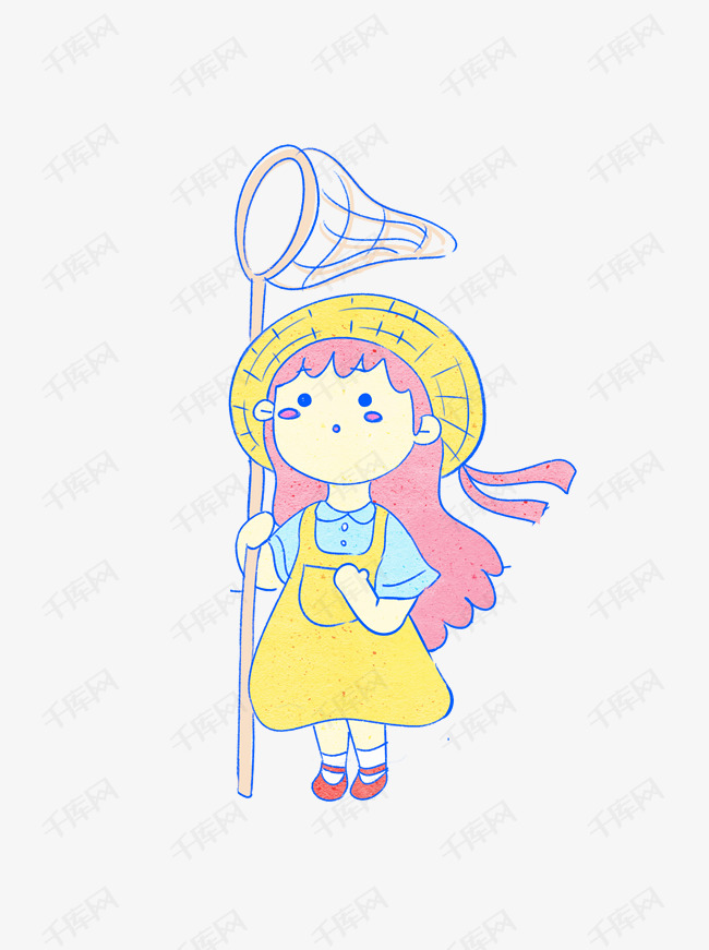 卡通可爱捉蝴蝶的小女孩人物插画