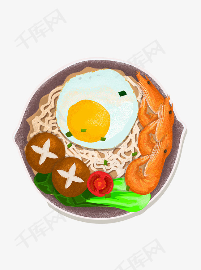 海鲜鸡蛋面可商用元素的素材免抠原创元素手绘卡通汤面海鲜蔬菜面条