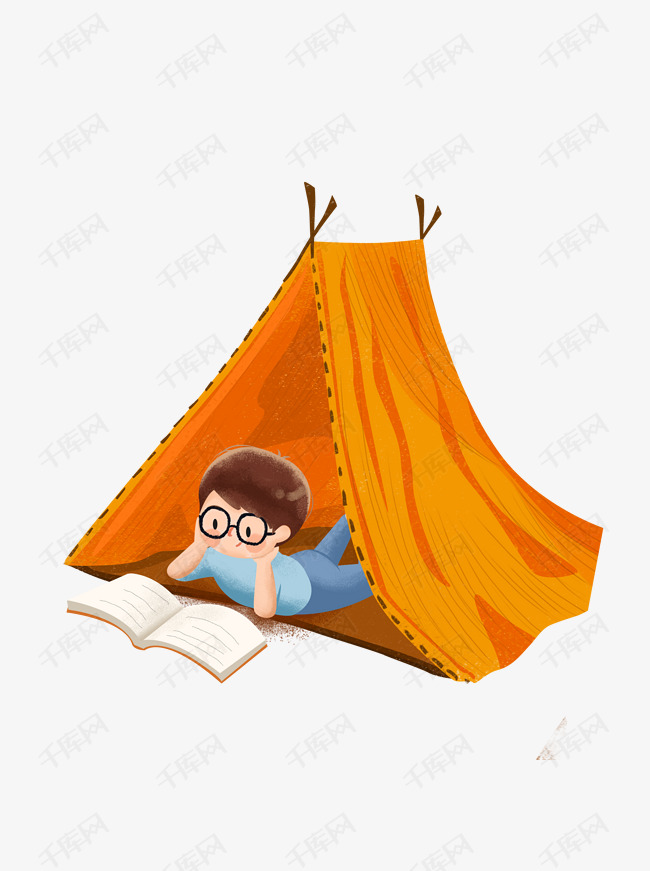 彩绘躺在帐篷里读书的小男孩