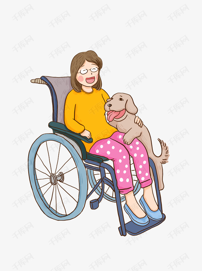 乐观的残疾人女孩和她的宠物狗漫画人物可商用元素