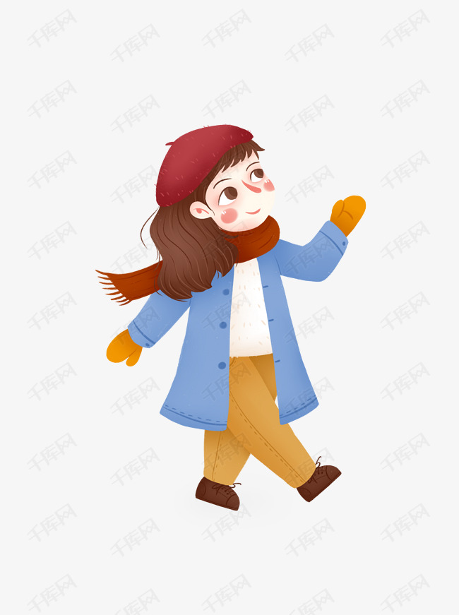 冬季走路的可爱女孩手绘人物设计可商用元素