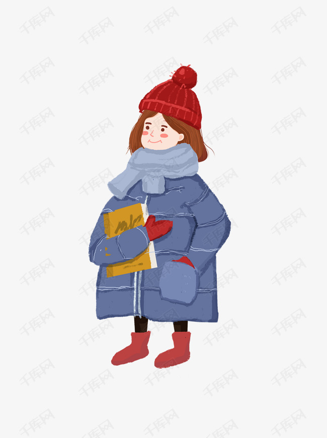 彩绘冷的瑟瑟发抖的女孩可商用元素的素材免抠毛线帽q版人物冬季卡通