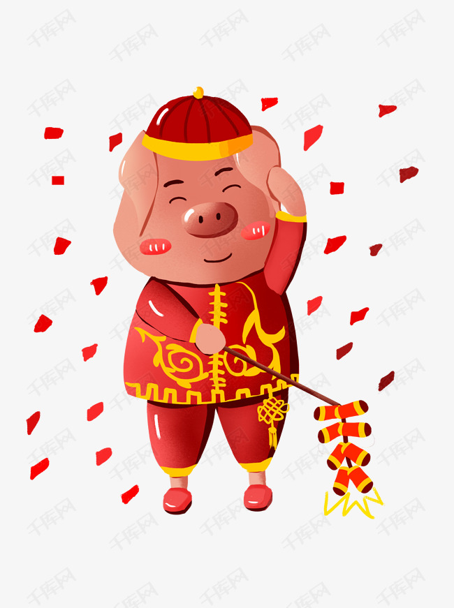 千库网提供可爱卡通手绘风格放过年喜庆放鞭炮猪矢量免抠png素材