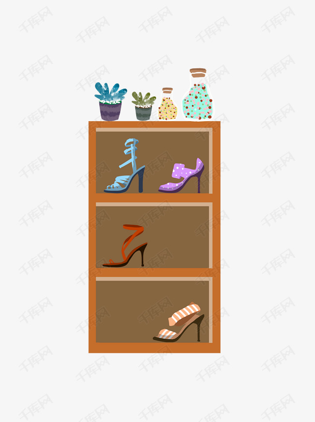 手绘鞋柜里的高跟鞋可商用元素的素材免抠高跟鞋卡通家具手绘柜子植物