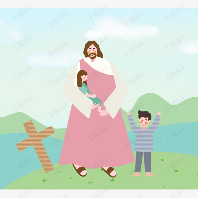 耶稣上帝和孩子的手绘背景