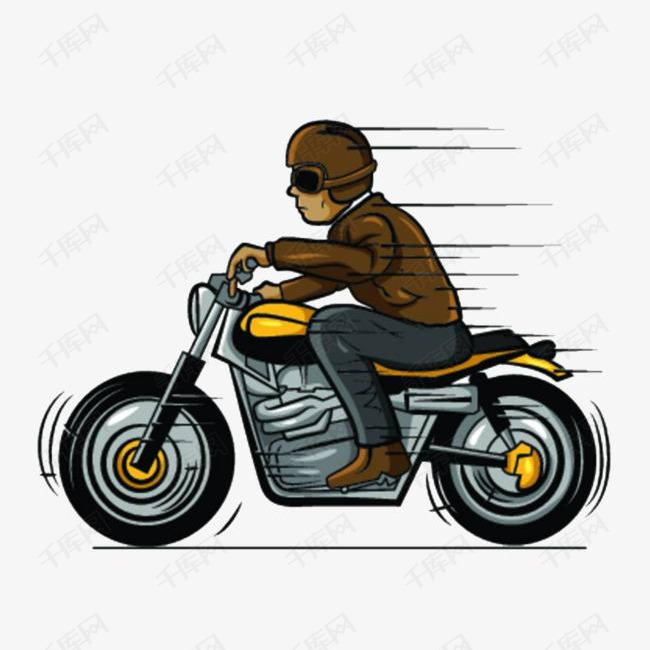 手绘卡通插图骑摩托车的机车男