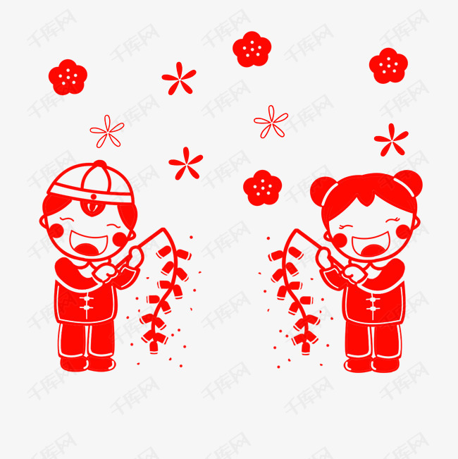 春节红色手绘卡通金童玉女手举鞭炮png