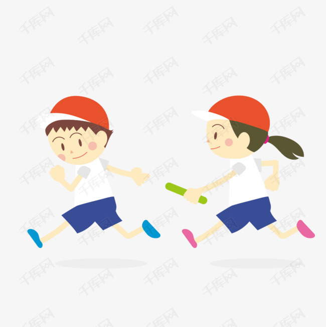 接力赛跑的卡通男女学生