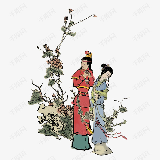 手绘中国风红楼梦插画贾宝玉和林黛玉免抠