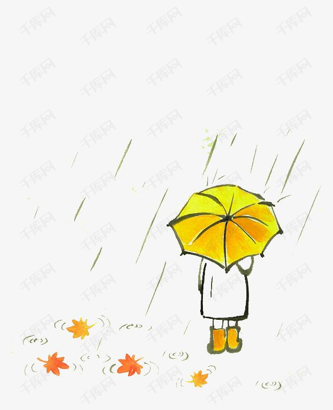手绘可爱插图雨天撑伞的背影