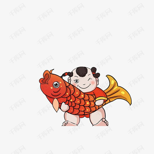 手绘插图福娃抱锦鲤鱼年年有余