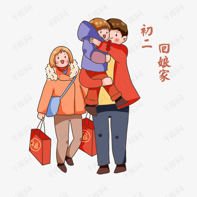 卡通手绘春节习俗初二回娘家