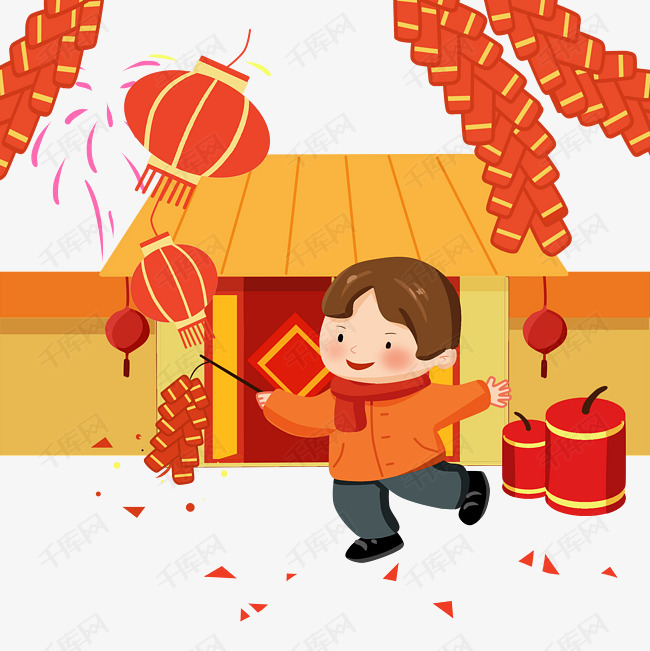 新年放鞭炮的小男孩
