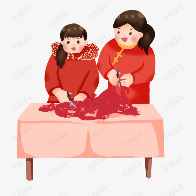 手绘卡通农历新年习俗剪窗花