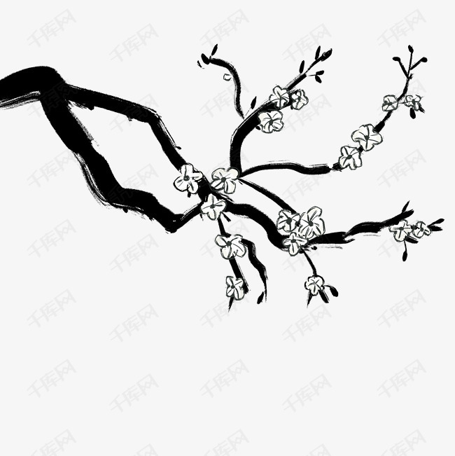 水墨黑白枝头墨梅花素材图片免费下载_高清psd_千库网