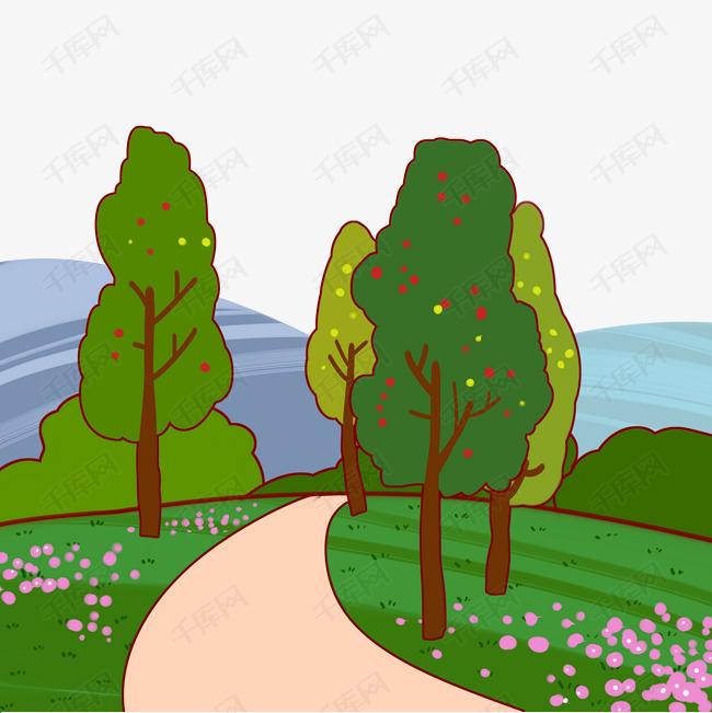 立春风景手绘插画的素材免抠立春风景插画春分的叶子春天树木园粉色的