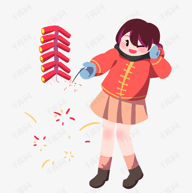 春节放鞭炮的小女孩