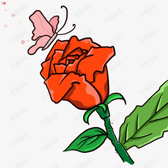 可爱卡通红色玫瑰花与粉色蝴蝶