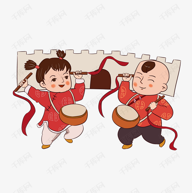 新年传统习俗敲锣鼓手绘插画