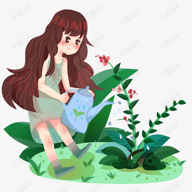春分浇花的小女孩