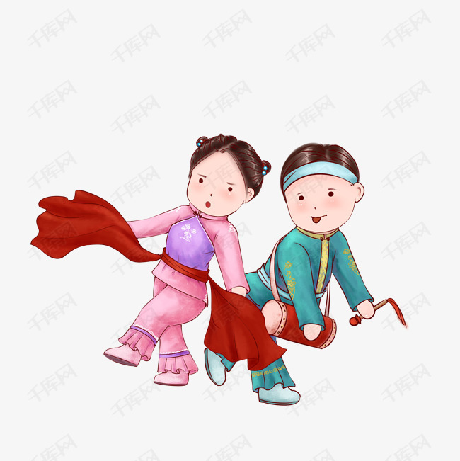 迎新年唱歌跳舞扭秧歌舞红绸敲腰鼓新年卡通手绘