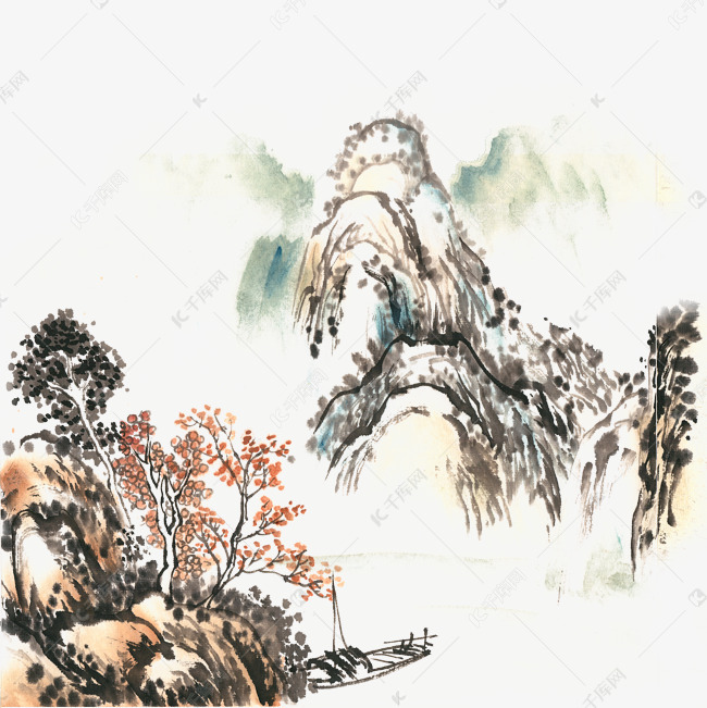 山里的秋天水墨画png免抠素材