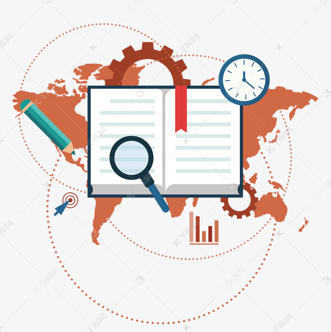 手绘书本放大镜和钢笔世界地图PNG素材图片