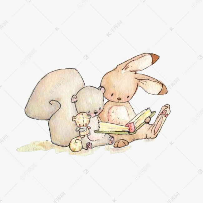 看书的小动物的素材免抠兔子松鼠书本手绘卡通