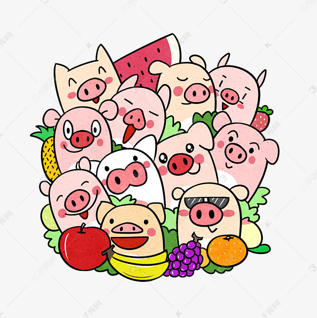 卡通小猪水果餐大聚会png透明底
