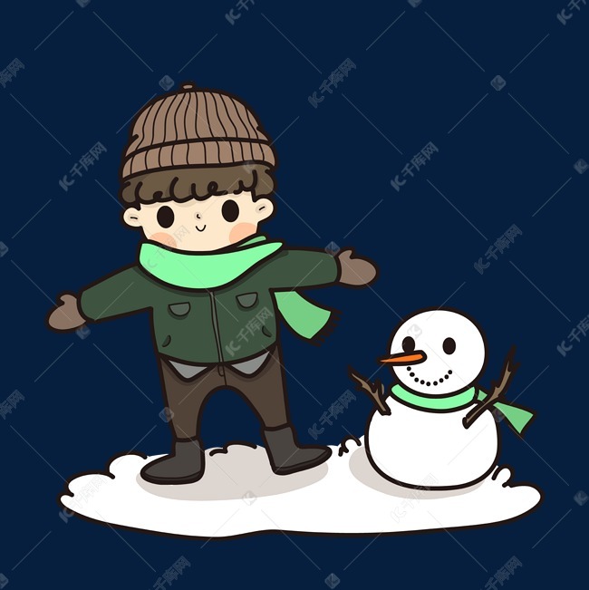卡通简笔画冬季在雪地堆雪人的小男孩素材图片免费-千