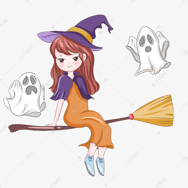 女巫飞扫把海报插画素材图片免费下载-千库网