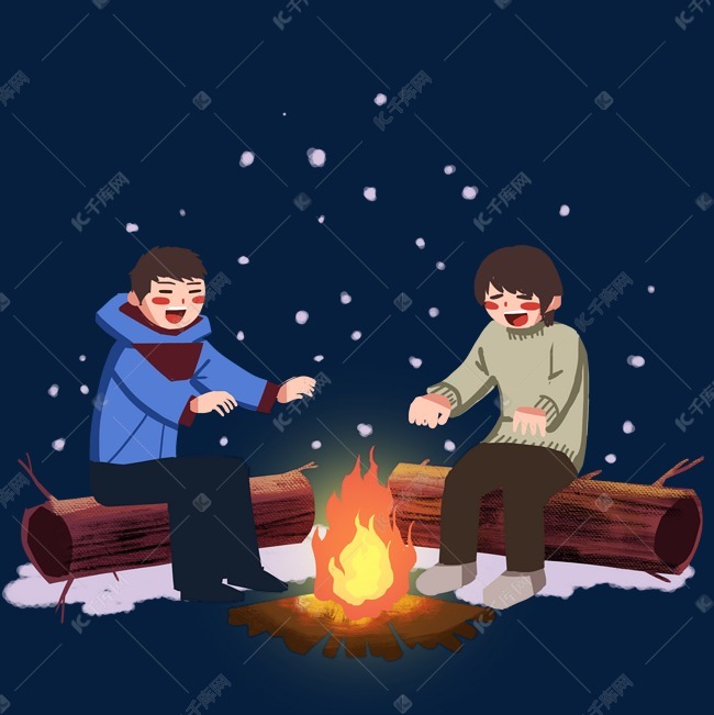 户外取暖烤火的小男孩