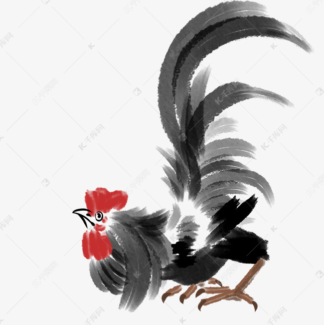 手绘水墨大公鸡插画