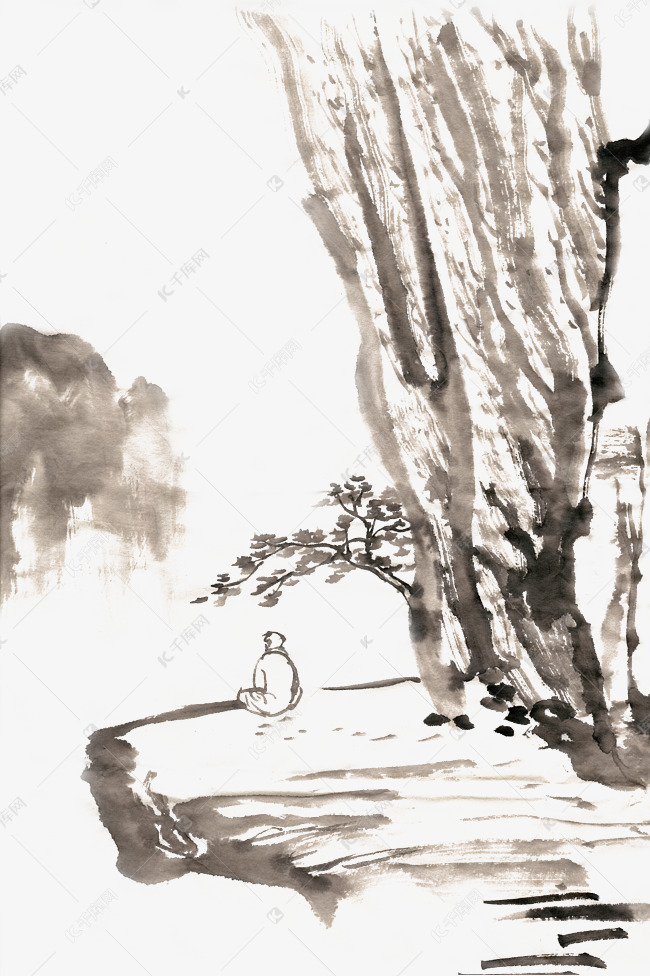深山坐禅水墨画png免抠素材