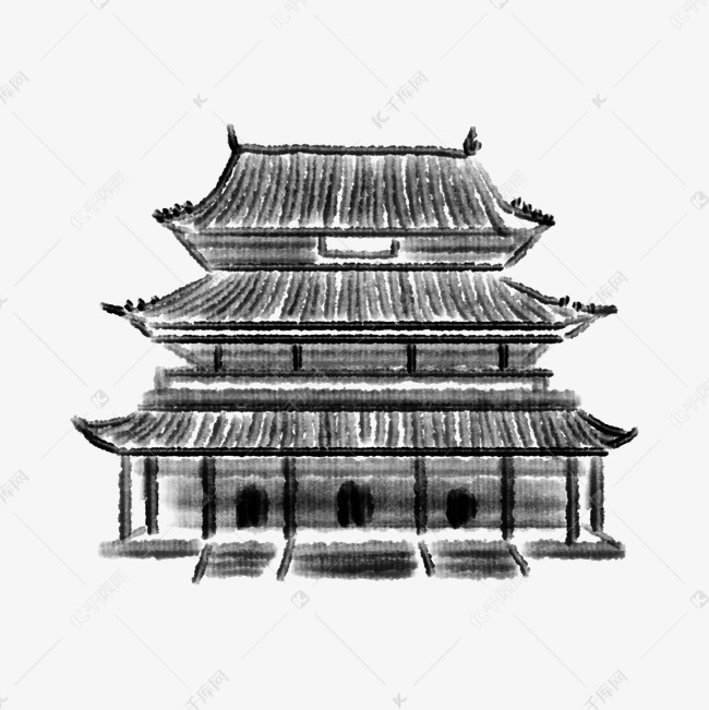 水墨中国古建筑插画